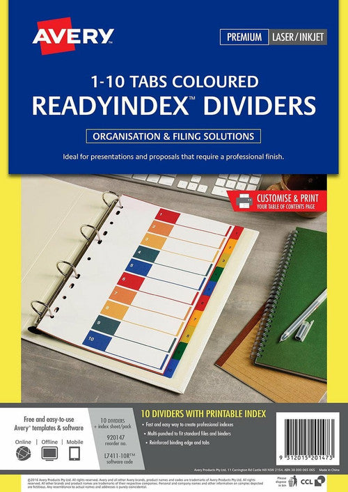 Avery Multi-Coloured Polypropylene ReadyIndex Dividers 1-10 Index