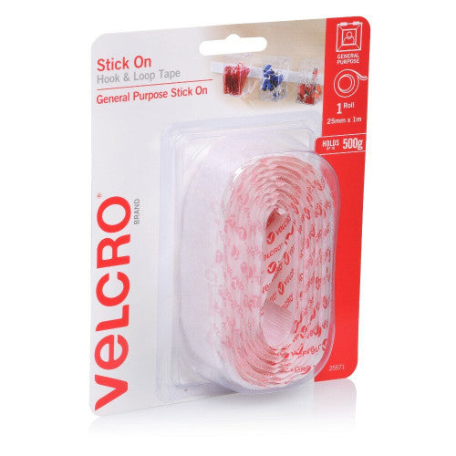 Velcro Brand Stick On Hook and Loop Tape 25mm x 1m White Roll