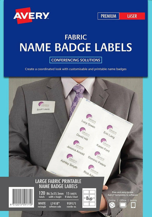Avery Fabric Name Badge Labels L7418 120 Pack 86.5 x 55.5mm White 8UP