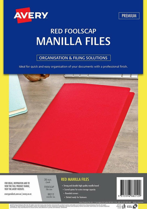 Avery Manilla Folders Foolscap Pack 20 Red