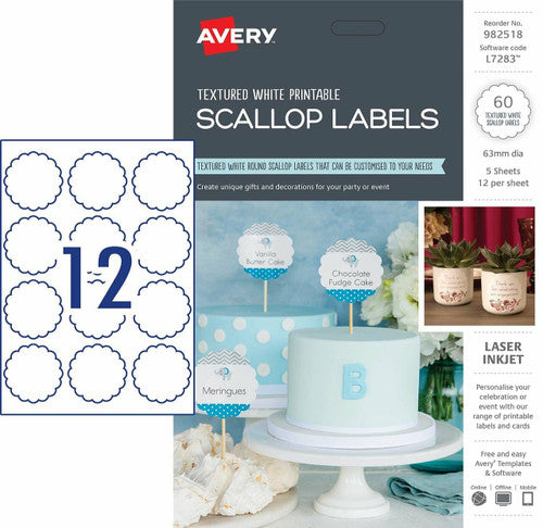 Avery Textured White Scallop Labels L7283 60 Pack 63mm Diameter 12UP