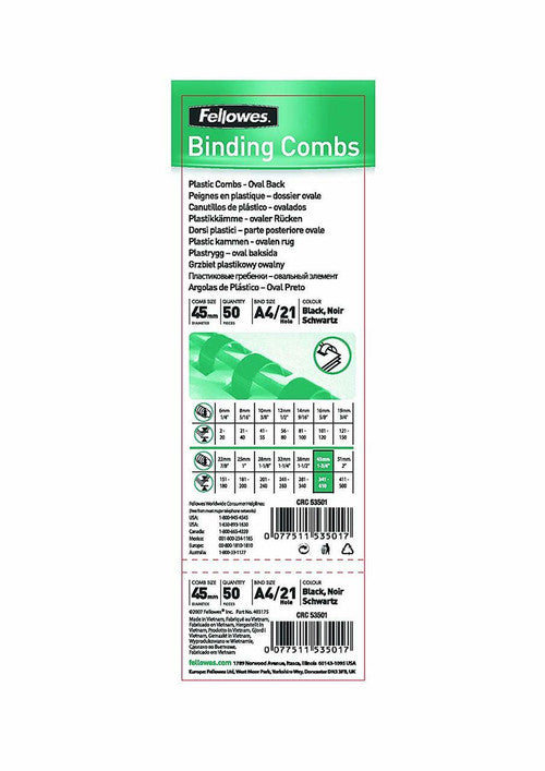 Fellowes Plastic Binding Combs 21 Ring 45mm Oval Black Pack 50
