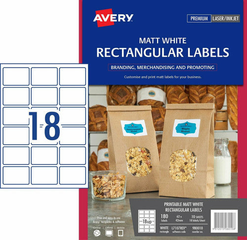Avery White Rectangular Removable Product Labels L7107REV 180 Pack 62 x 42mm 18UP