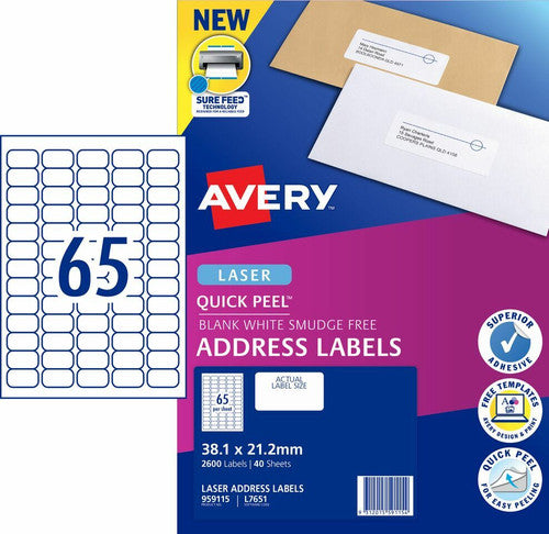 Avery Quick Peel Address Labels with Sure Feed L7651 2600 Pack 38.1 x 21.2mm Laser White 65UP