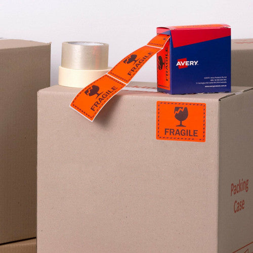 Avery Fragile Fluoro Red Labels 750 Roll 75 x 99.6mm