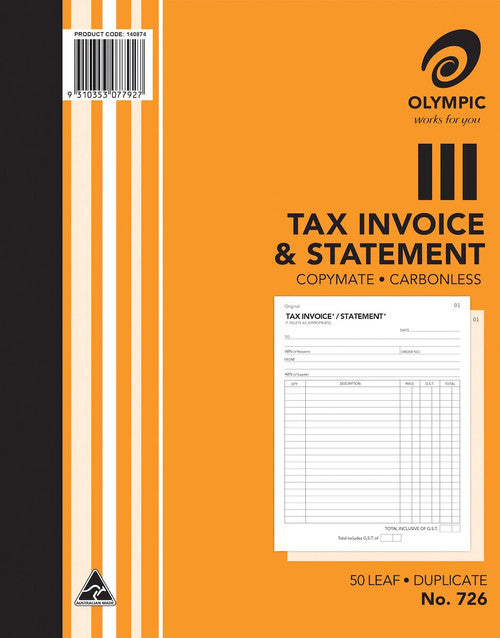 Olympic Invoice and Statement Book 726 Carbonless Duplicate 50 Leaf 250 x 200mm