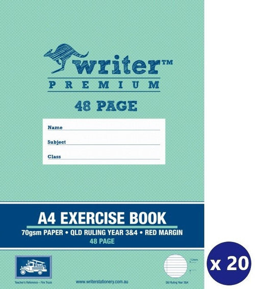 Writer Premium Exercise Book A4 48 Page QLD Year 3 4 Ruled Red Margin Fire Truck Cover Pack 20 — front cover