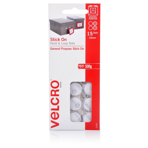 Velcro Brand Stick On Hook and Loop Dots 16mm White Pack of 15