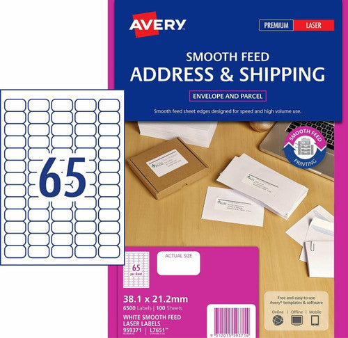 Avery White Address Smooth Feed Labels L7651 6500 Pack 38.1 x 21.2mm 65UP