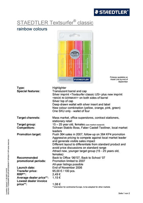 Staedtler Textsurfer Classic Rainbow Colour Highlighters Assorted Wallet of 4 364 P WP4