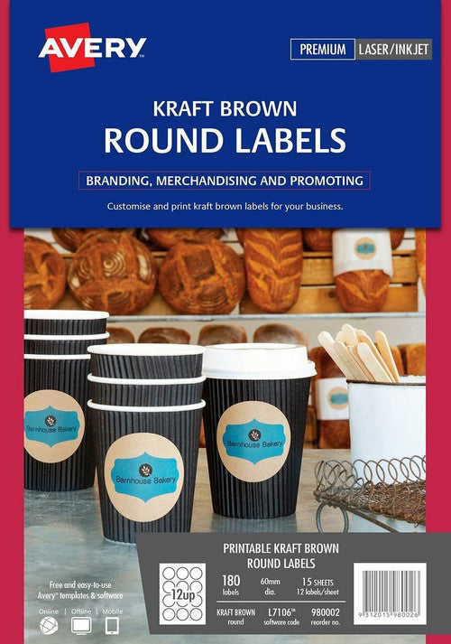 Avery Kraft Brown Round Labels L7106 180 Pack 60mm Diameter 12UP