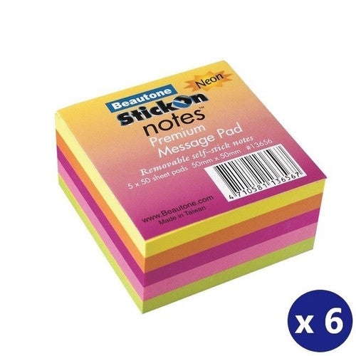 BEAUTONE 100852282 STICK ON NOTES 50MM X 50MM 5 PADS X 50 SHEETS NEON ASSORTED BOX 6