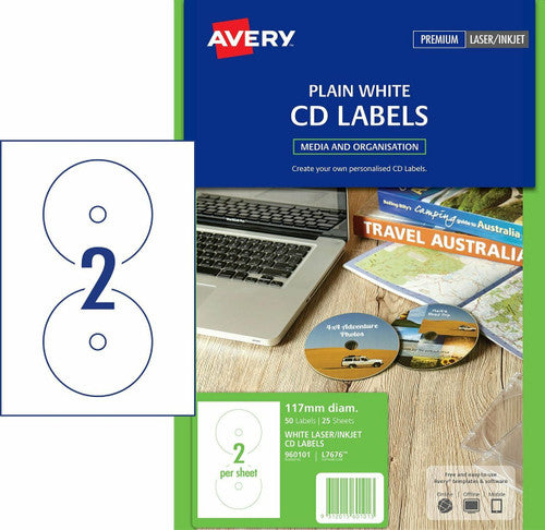 Avery White Full Face CD Labels L7676 50 Pack 117mm Diameter 2UP