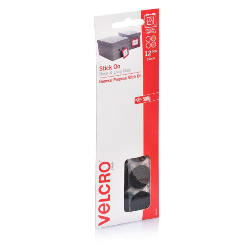 Velcro Brand Stick On Hook and Loop Dots 22mm Black Pack of 12