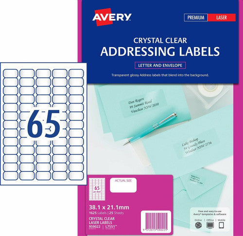 Avery Crystal Clear Address Labels L7551 1625 Pack 38.1 x 21.2mm 65UP