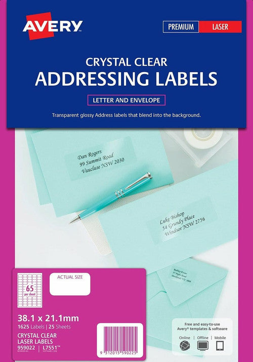Avery Crystal Clear Address Labels L7551 1625 Pack 38.1 x 21.2mm 65UP