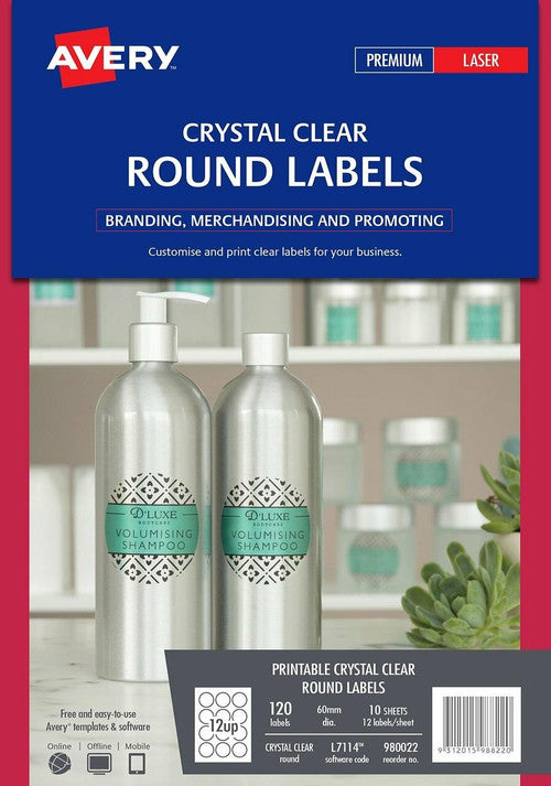 Avery Crystal Clear Round Product Labels L7114 120 Pack 60mm Diameter 12UP