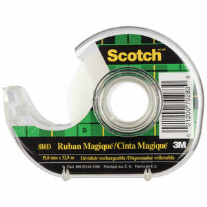 Clear Scotch 810D Magic Tape dispenser with a green tartan label in French and Spanish, holding a roll of frosty tape