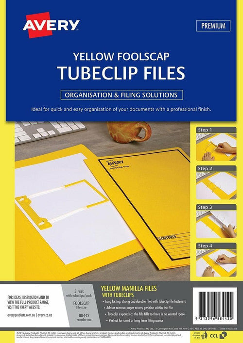 Avery Yellow Tubeclip File Black Print Foolscap 5 Pack