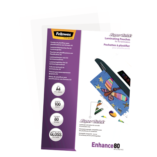 Fellowes SuperQuick A4 Glossy 80 Micron Laminating Pouch 100 Pack