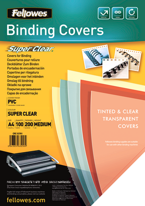 Fellowes binding covers packaging with colorful covers and text on a blue and orange background.