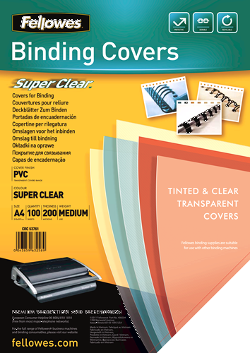Fellowes binding covers packaging with colorful covers and text on a blue and orange background.