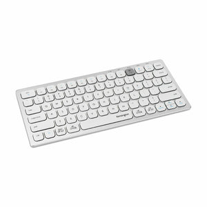 Kensington Multi-Device Dual Wireless Compact Keyboard in silver and white, angled view of the compact layout