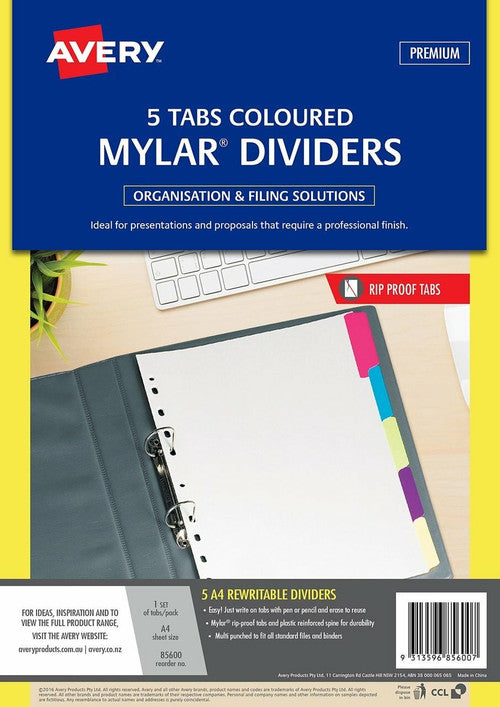 Avery Multi-Coloured Rewritable Tab Dividers 5 Tabs