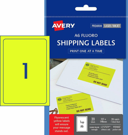 Avery Fluoro Yellow Shipping Labels A6 L7175FY 20 Pack 105 x 148mm 1UP