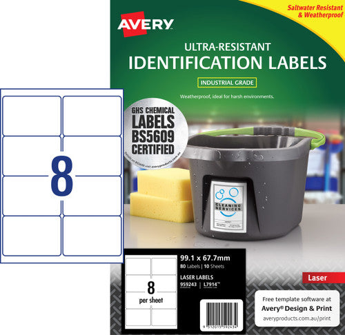 Avery Ultra-Resistant Chemical Grade Labels 99.1 x 67.7mm Laser Extra Strong Permanent 80 Labels 10 Sheets 8UP