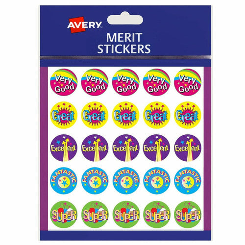 Avery Merit Stickers Multi Captions 22mm Assorted Colours Pack 200