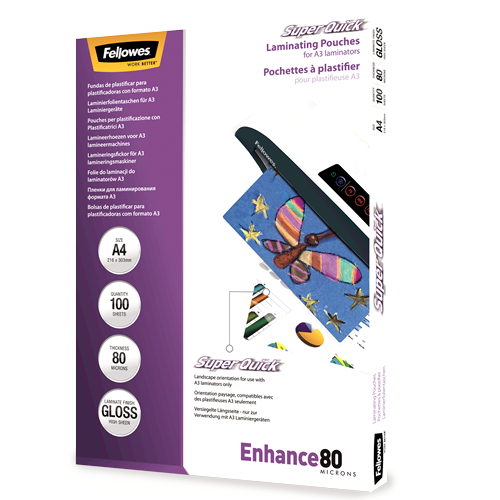 Fellowes SuperQuick A4 Glossy 80 Micron Laminating Pouch 100 Pack