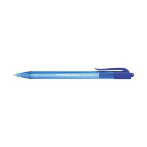 Paper Mate InkJoy 100RT retractable ballpoint pen lying flat, with a translucent light blue barrel and a deeper blue clip and plunger