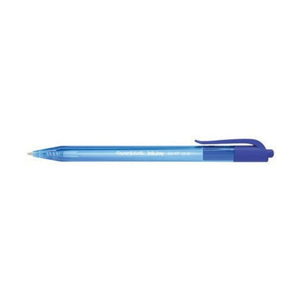 Paper Mate InkJoy 100RT retractable ballpoint pen lying flat, with a translucent light blue barrel and a deeper blue clip and plunger