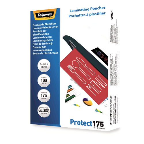 Fellowes Glossy 175 Micron Laminating Pouches 54x86mm 100 Pack