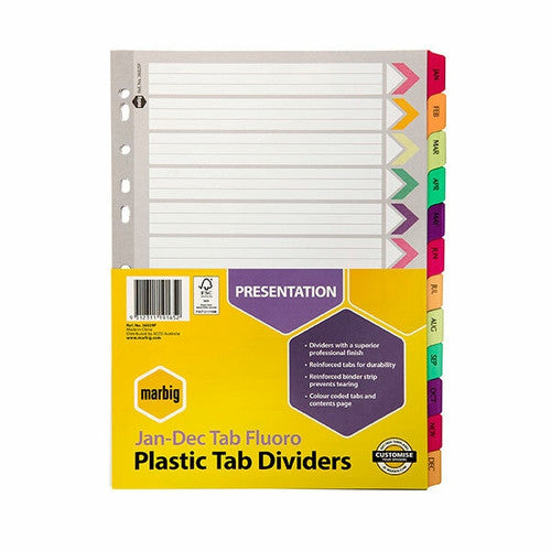 Marbig Indices and Dividers Jan-Dec Tab Reinforced A4 Fluoro