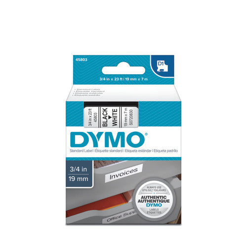 Dymo D1 label tape 19mm x 7m black on white wide format bold shelving and equipment labelling