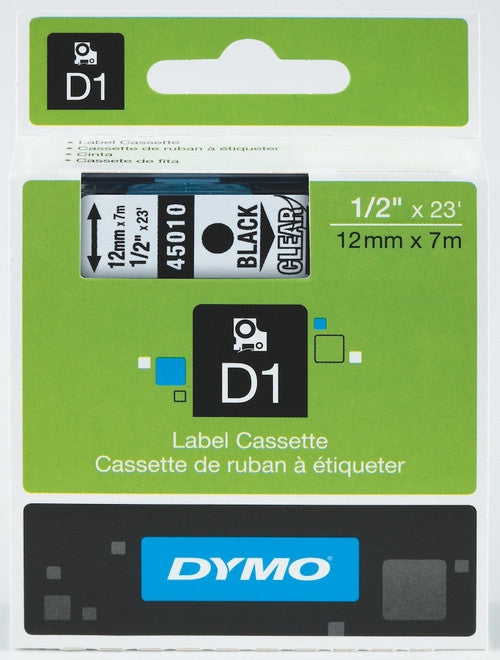 Dymo D1 Label Tape 12mm x 7m Black on Clear