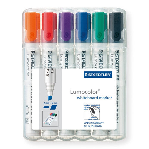 Staedtler Lumocolor 351 B WP6 non-permanent chisel whiteboard marker wallet of 6 assorted colours showing wallet desk stand