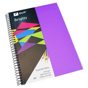 Quill Visual Art Diary A4 with a Dark Purple polypropylene cover over a printed Quill band, black spiral binding and an A4, 120 Pages label, on a white background