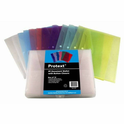 Protext Document Wallet A4 PP Button Closure Translucent Assorted Pack 12 — front view showing assorted colours