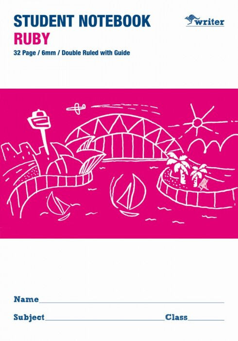 Student notebook cover with a pink background and bridge illustration, featuring the brand 'writer'.