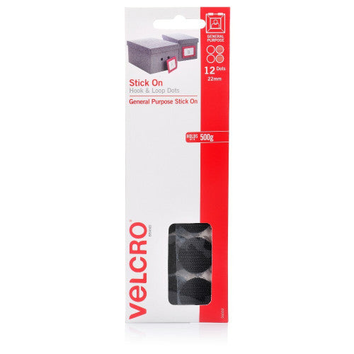 Velcro Brand Stick On Hook and Loop Dots 22mm Black Pack of 12
