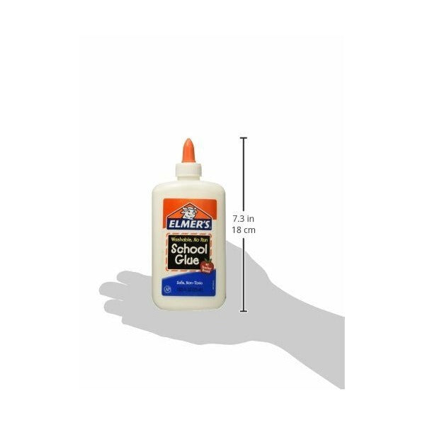 Elmer's School Glue bottle held in a hand silhouette beside a 7.3 inch (18cm) height marker