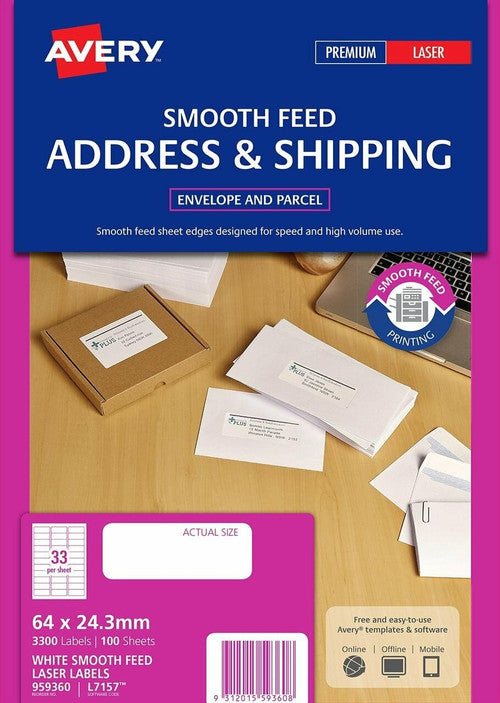 Avery White Address Smooth Feed Labels L7157 3300 Pack 64 x 24.3mm 33UP