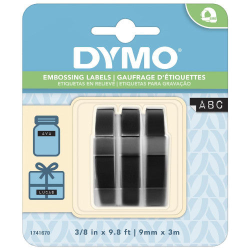 Dymo Tapewriter embossing label tape 9mm x 3m black plastic pack of 3 rolls for Organiser Xpress