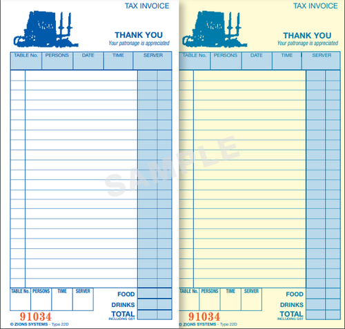 Zions 22D Carbonless Duplicate Restaurant Docket Book