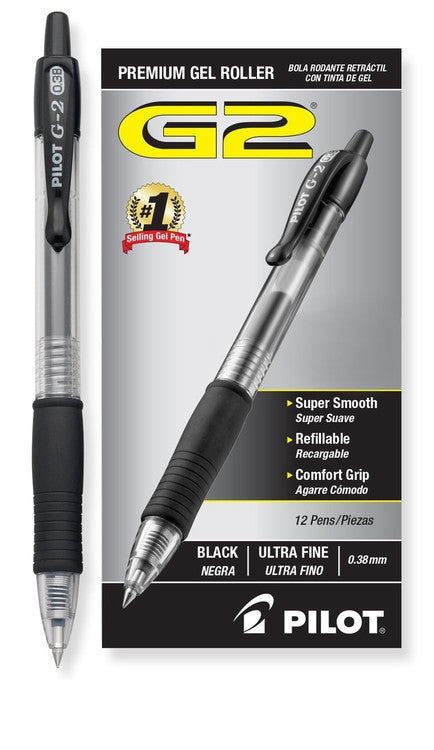 Pilot G-2 Retractable Gel Pen 0.38mm Black Box of 12