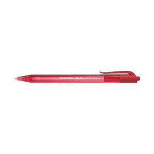 Paper Mate InkJoy 100RT retractable ballpoint pen lying flat, with a translucent red barrel and red clip and plunger, printed 100 RT 1.0 M