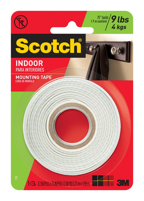 Scotch 110P Indoor Mounting Tape 1.27cm x 1.9m White